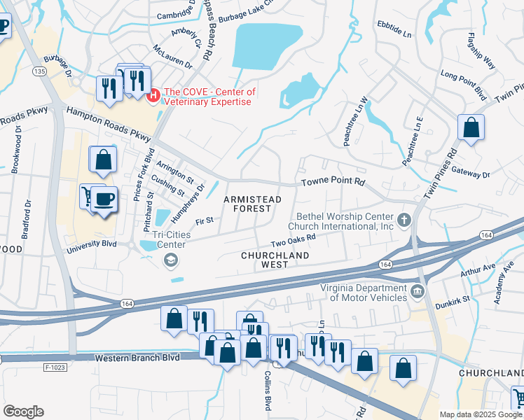 map of restaurants, bars, coffee shops, grocery stores, and more near 3803 Pecan Street in Portsmouth