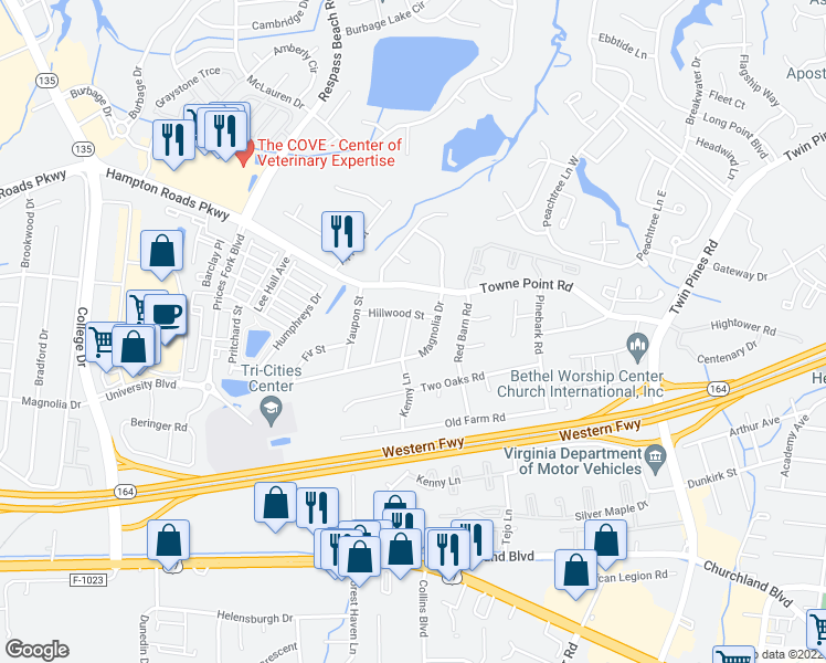 map of restaurants, bars, coffee shops, grocery stores, and more near 3803 Pecan Street in Portsmouth
