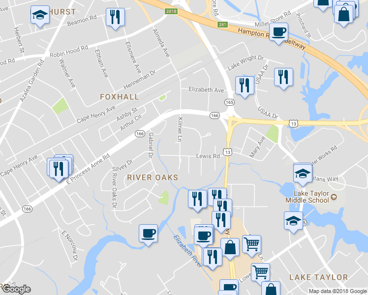 map of restaurants, bars, coffee shops, grocery stores, and more near 1414 Kilmer Lane in Norfolk