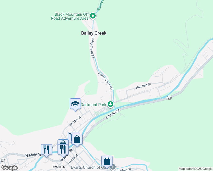 map of restaurants, bars, coffee shops, grocery stores, and more near 161 Bailey Creek Road in Evarts