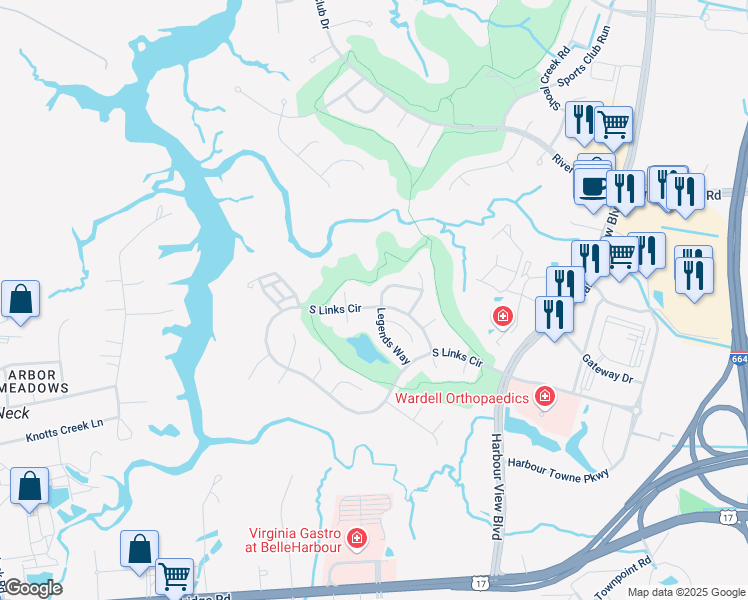 map of restaurants, bars, coffee shops, grocery stores, and more near 5103 Muirifield Loop in Suffolk