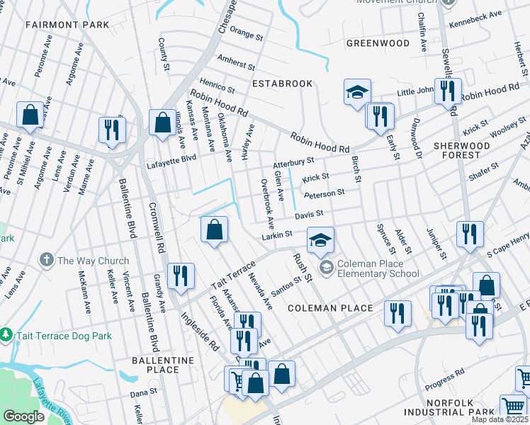 map of restaurants, bars, coffee shops, grocery stores, and more near 2711 Overbrook Avenue in Norfolk