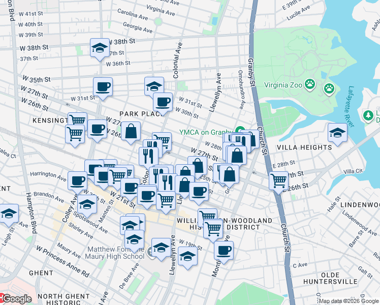 map of restaurants, bars, coffee shops, grocery stores, and more near 306 West 27th Street in Norfolk
