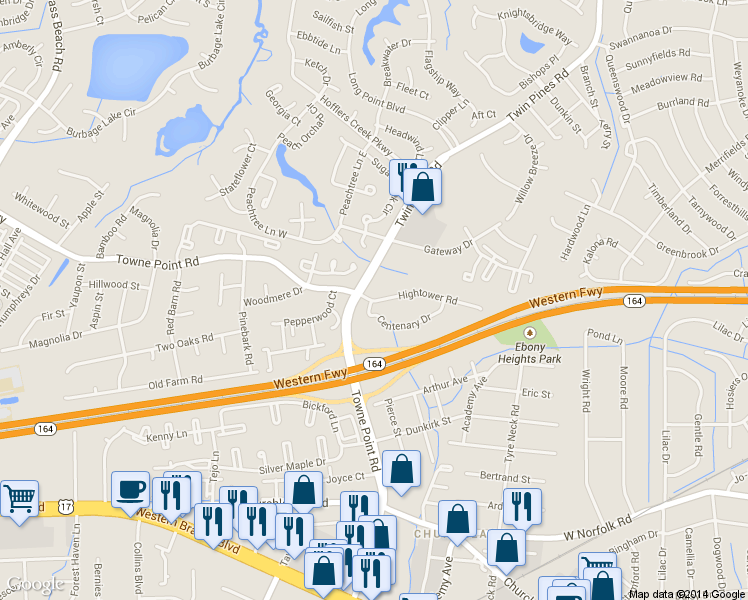 map of restaurants, bars, coffee shops, grocery stores, and more near 3800 Twin Pines Road in Portsmouth