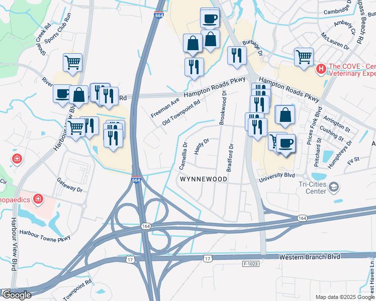 map of restaurants, bars, coffee shops, grocery stores, and more near 6029 Camellia Drive in Suffolk