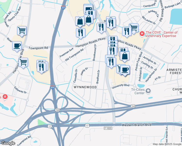 map of restaurants, bars, coffee shops, grocery stores, and more near 6043 Brookwood Drive in Suffolk
