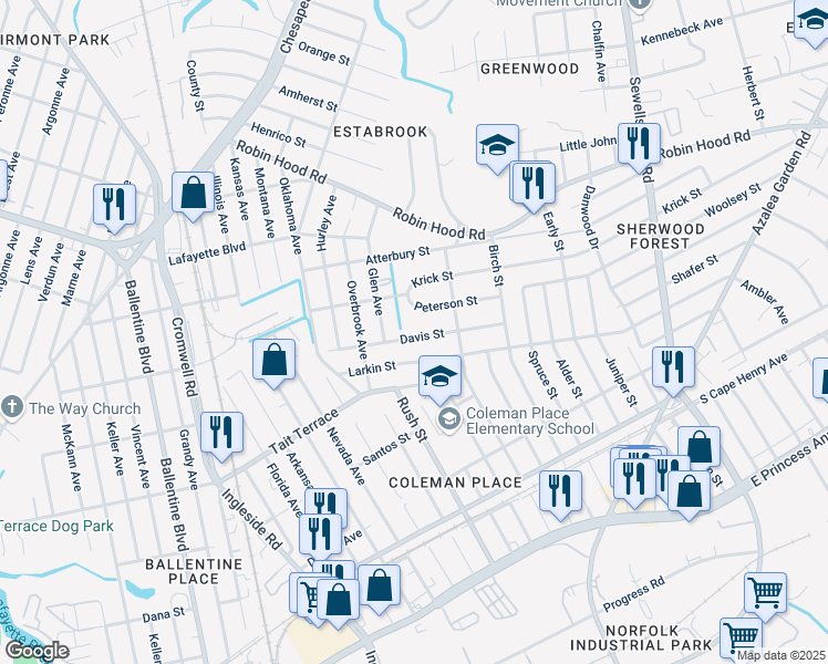 map of restaurants, bars, coffee shops, grocery stores, and more near 3824 Davis Street in Norfolk