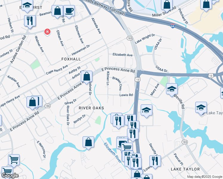 map of restaurants, bars, coffee shops, grocery stores, and more near 1414 Kilmer Lane in Norfolk