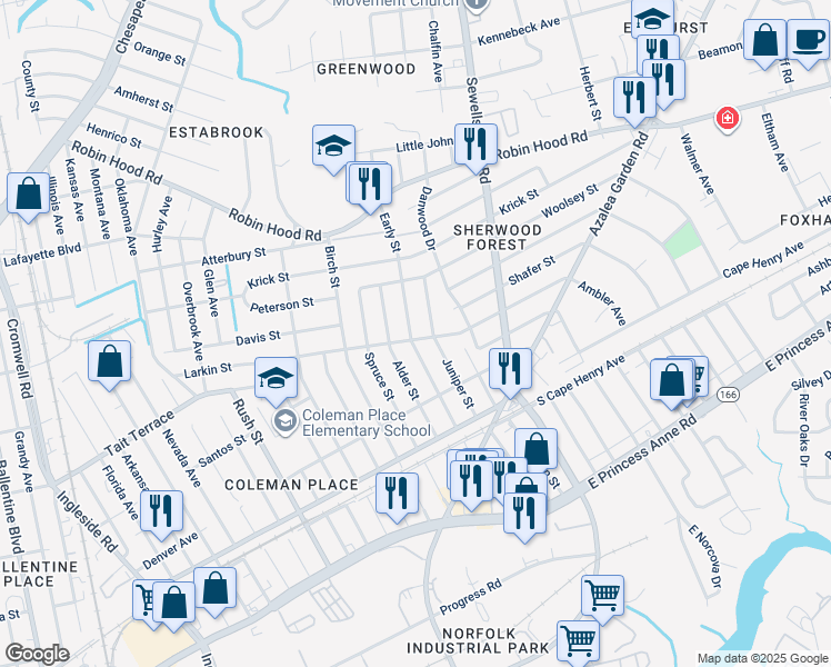 map of restaurants, bars, coffee shops, grocery stores, and more near 4600 Larkin Street in Norfolk