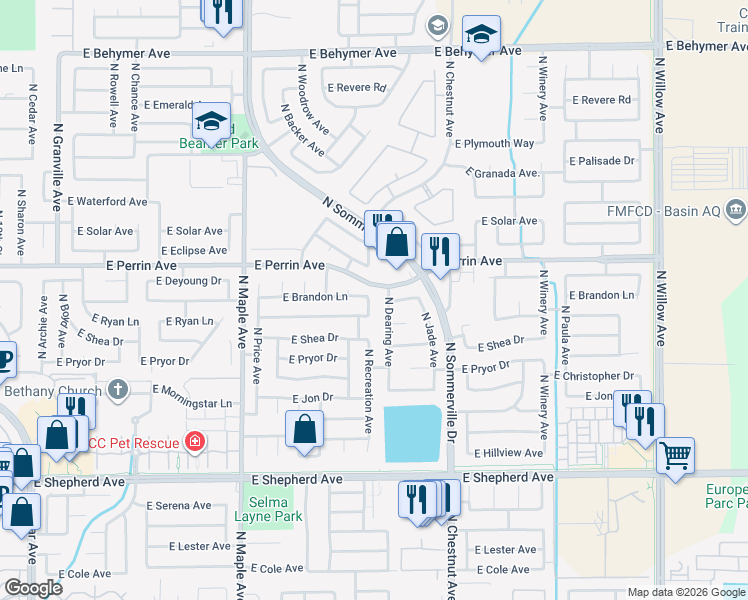 map of restaurants, bars, coffee shops, grocery stores, and more near 9398 North Recreation Avenue in Fresno