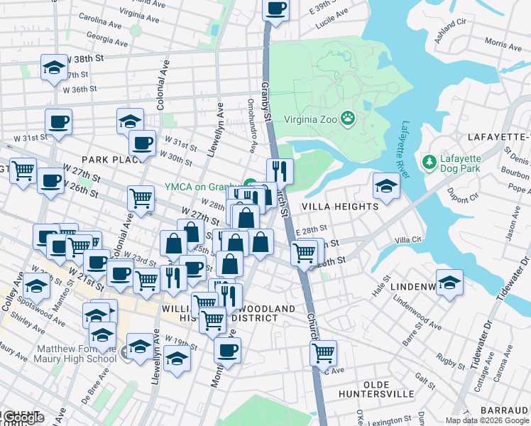 map of restaurants, bars, coffee shops, grocery stores, and more near 2910 Granby Street in Norfolk