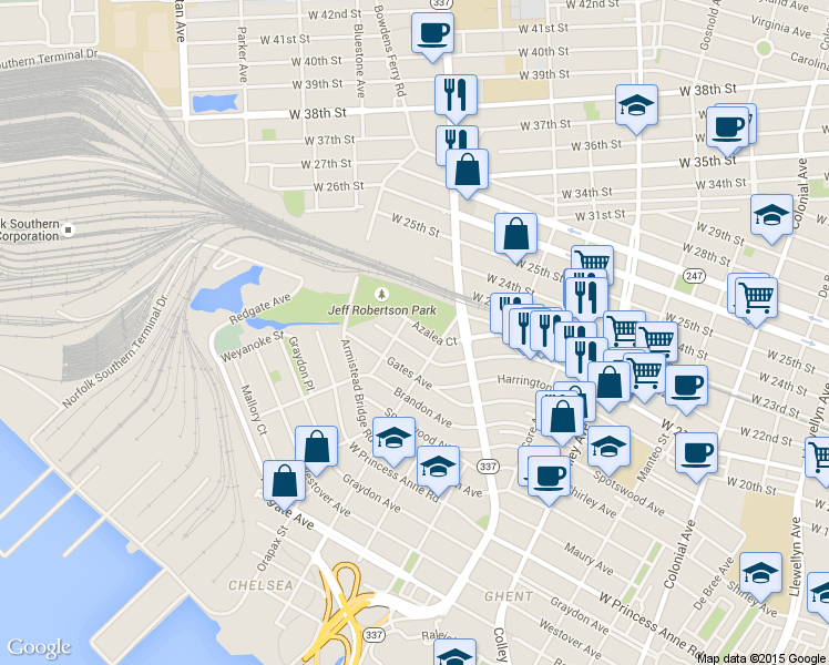 map of restaurants, bars, coffee shops, grocery stores, and more near 1221 Azalea Court in Norfolk