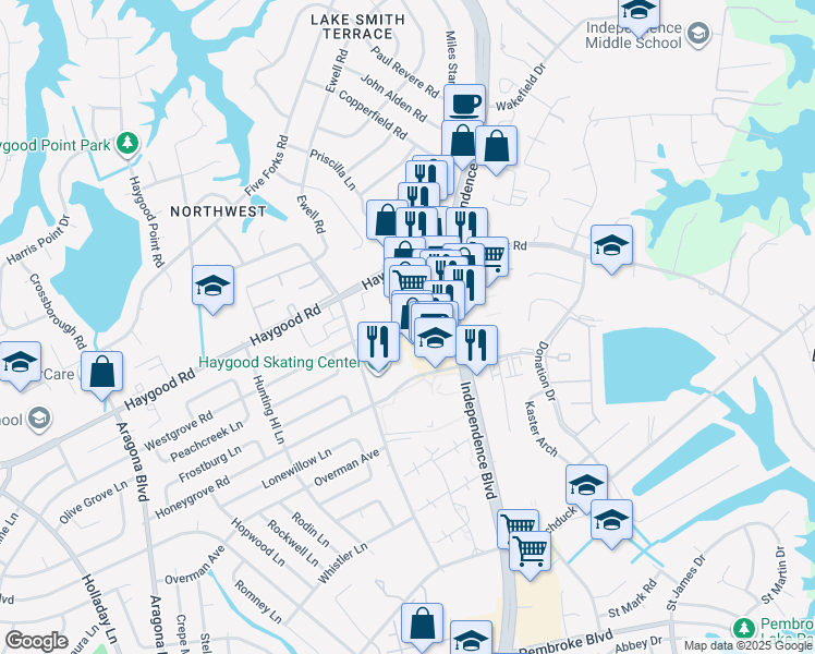 map of restaurants, bars, coffee shops, grocery stores, and more near 1069 Independence Boulevard in Virginia Beach