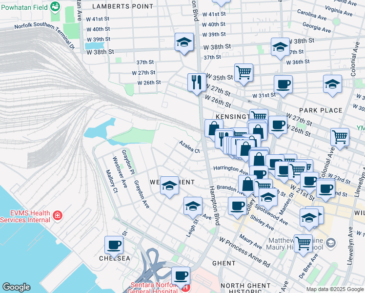map of restaurants, bars, coffee shops, grocery stores, and more near 1221 Azalea Court in Norfolk