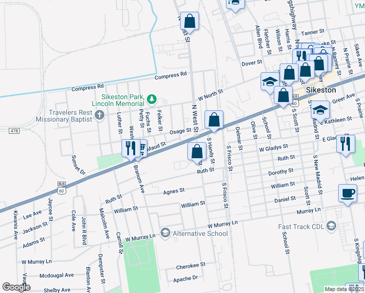 map of restaurants, bars, coffee shops, grocery stores, and more near 851 West Malone Avenue in Sikeston