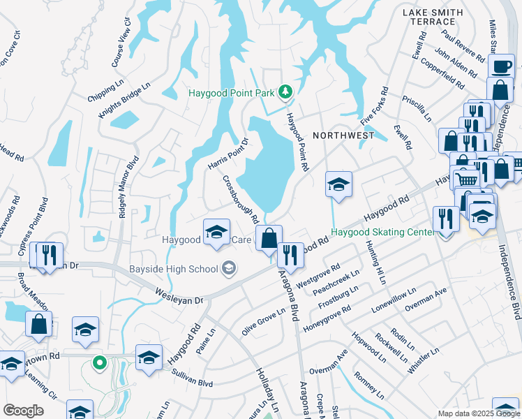 map of restaurants, bars, coffee shops, grocery stores, and more near 4672 Crossborough Road in Virginia Beach