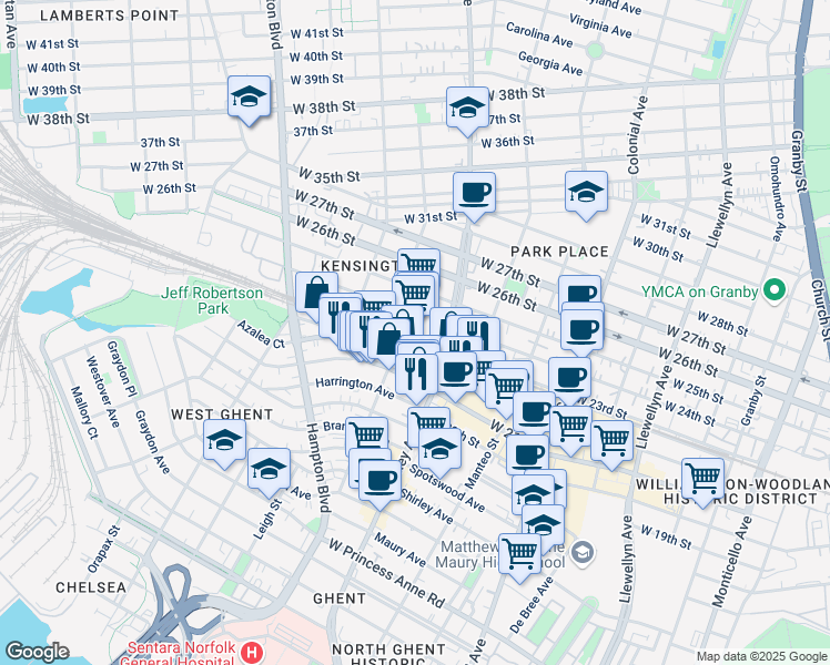 map of restaurants, bars, coffee shops, grocery stores, and more near 2300 Morton Avenue in Norfolk