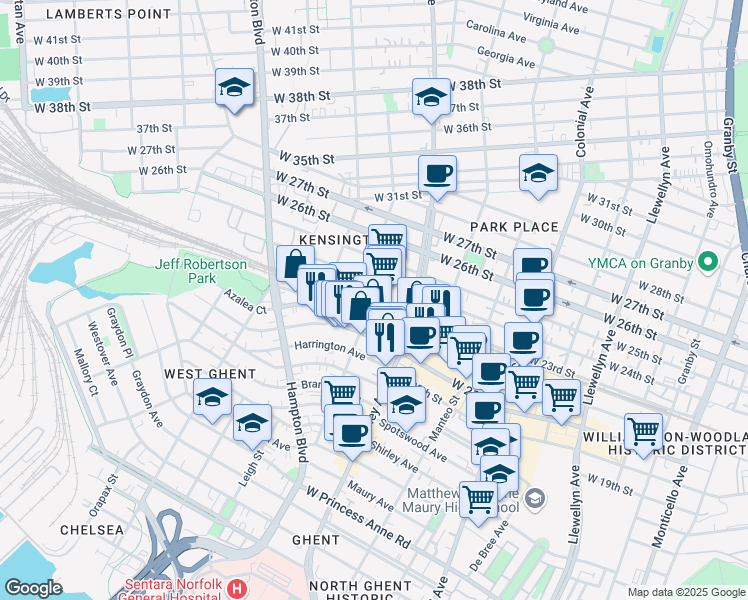 map of restaurants, bars, coffee shops, grocery stores, and more near 2300-2398 Morton Ave in Norfolk