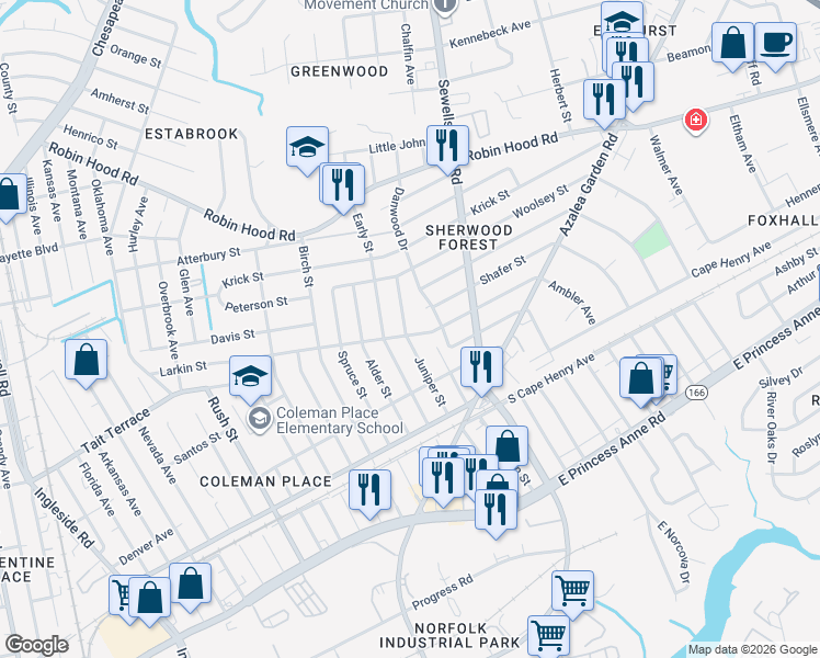 map of restaurants, bars, coffee shops, grocery stores, and more near 4628 Larkin Street in Norfolk