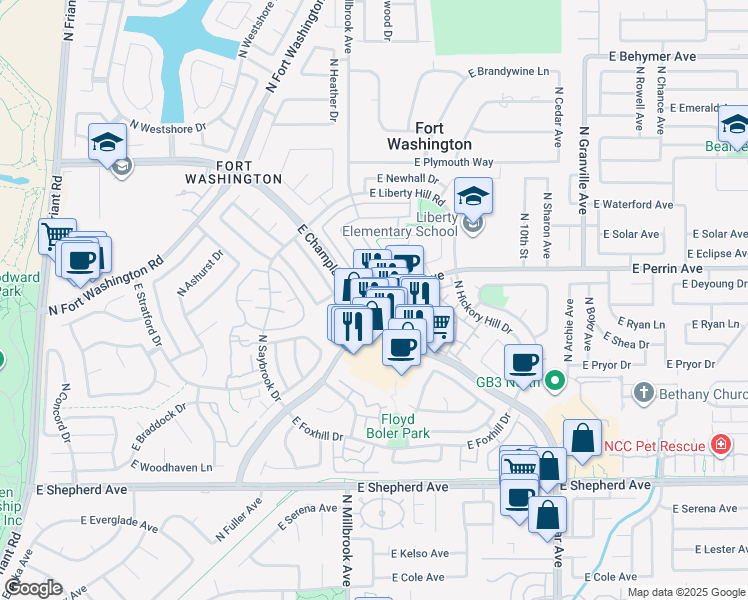 map of restaurants, bars, coffee shops, grocery stores, and more near 1010 East Perrin Avenue in Fresno