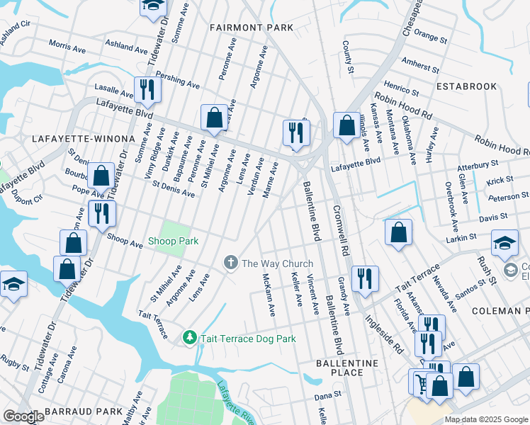 map of restaurants, bars, coffee shops, grocery stores, and more near 2922 Marne Avenue in Norfolk