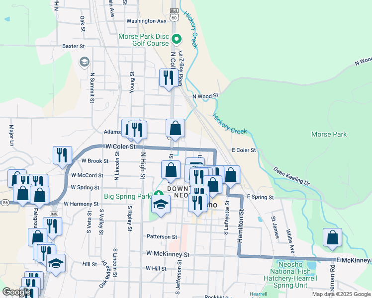 map of restaurants, bars, coffee shops, grocery stores, and more near 400 North Jefferson Street in Neosho