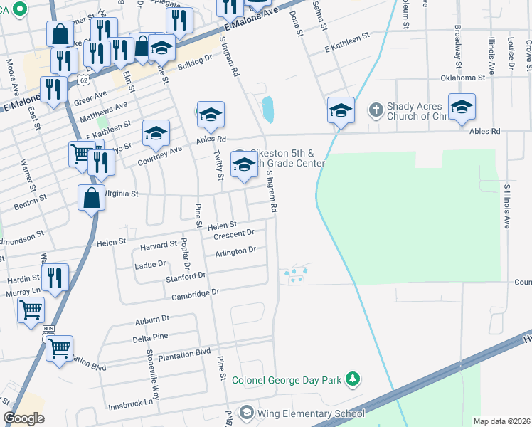 map of restaurants, bars, coffee shops, grocery stores, and more near 1005 Willow Lane in Sikeston