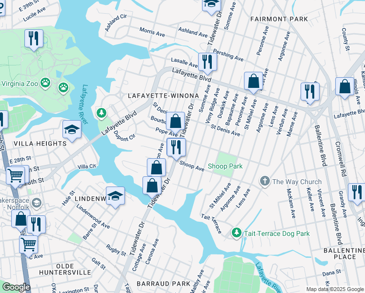 map of restaurants, bars, coffee shops, grocery stores, and more near 2830 Tidewater Drive in Norfolk