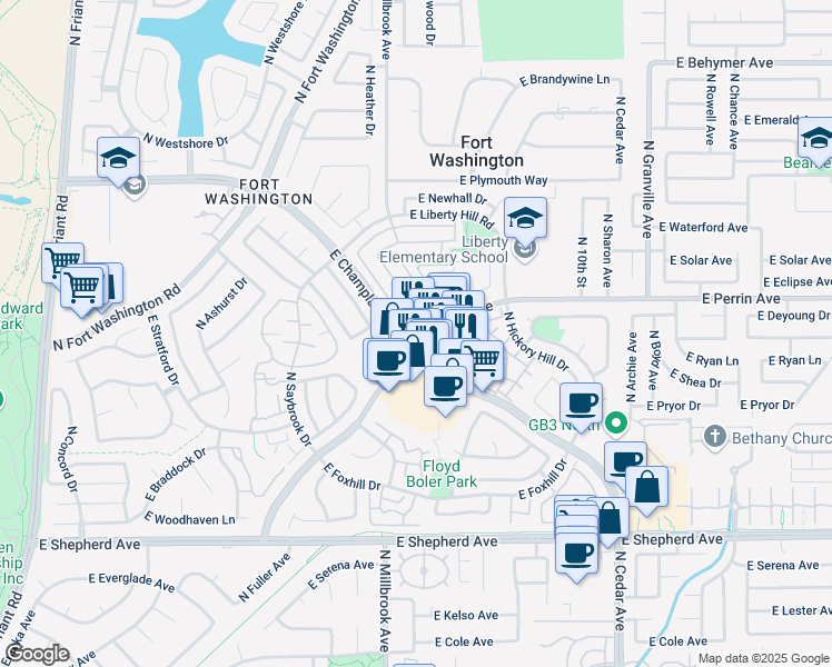 map of restaurants, bars, coffee shops, grocery stores, and more near 1010 East Perrin Avenue in Fresno