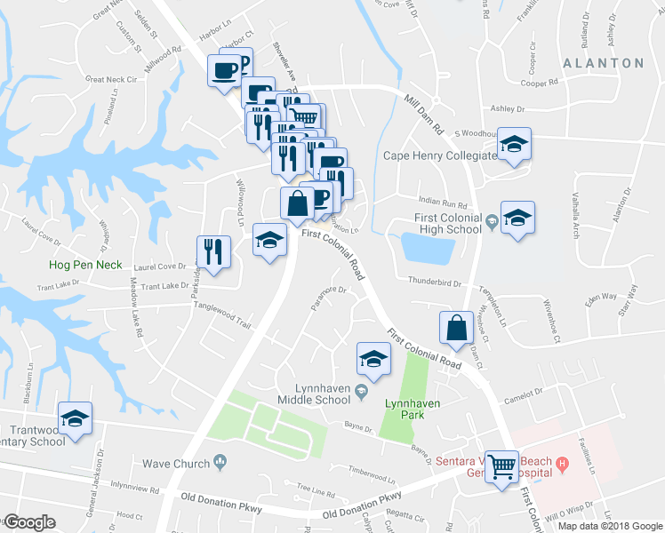 map of restaurants, bars, coffee shops, grocery stores, and more near 2005 Breton Court in Virginia Beach
