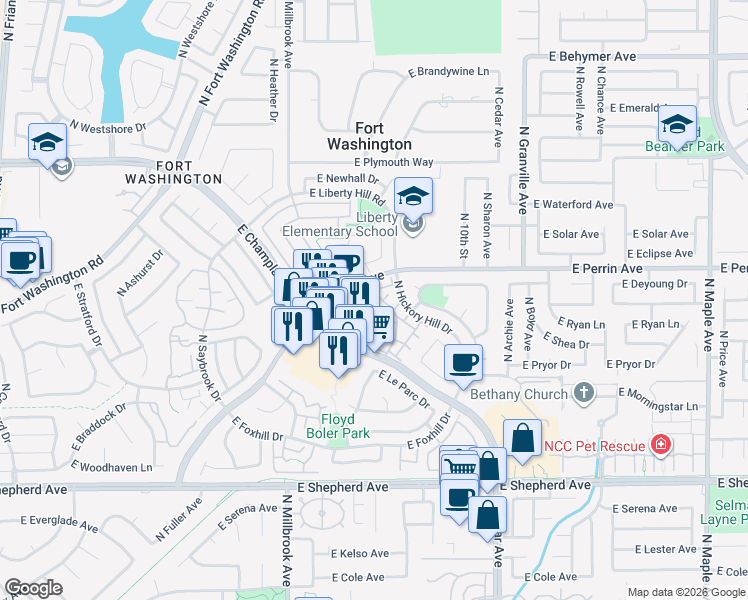 map of restaurants, bars, coffee shops, grocery stores, and more near 1229 East Perrin Avenue in Fresno