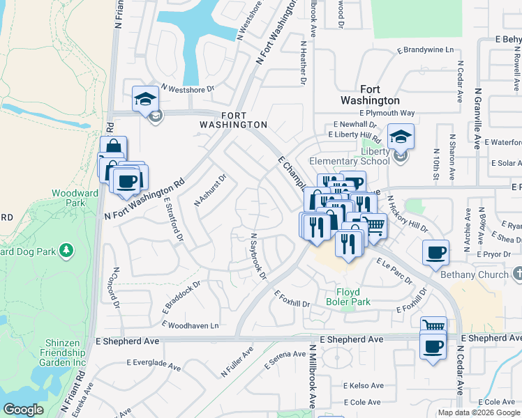map of restaurants, bars, coffee shops, grocery stores, and more near 9436 North Saybrook Drive in Fresno