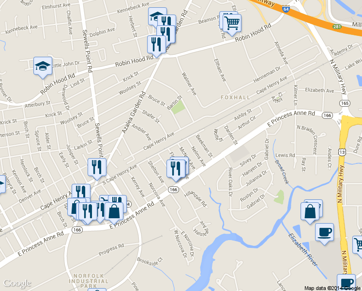 map of restaurants, bars, coffee shops, grocery stores, and more near 5125 South Cape Henry Avenue in Norfolk