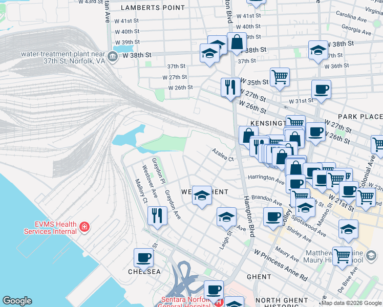 map of restaurants, bars, coffee shops, grocery stores, and more near 1412 Woodrow Avenue in Norfolk