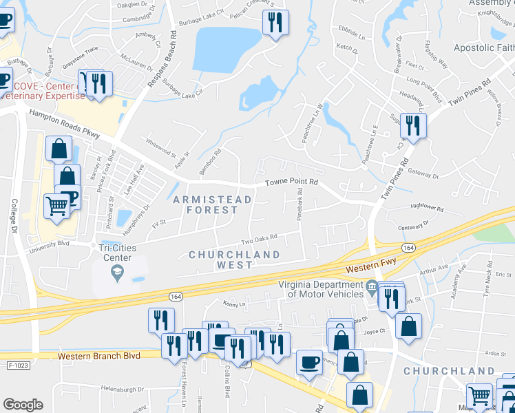 map of restaurants, bars, coffee shops, grocery stores, and more near 3809 Red Barn Road in Portsmouth