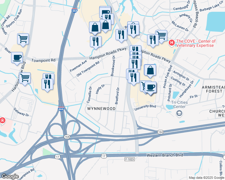 map of restaurants, bars, coffee shops, grocery stores, and more near 6040 Brookwood Drive in Suffolk