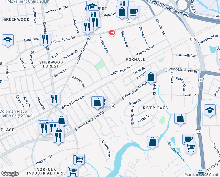 map of restaurants, bars, coffee shops, grocery stores, and more near 1544 Nelms Avenue in Norfolk
