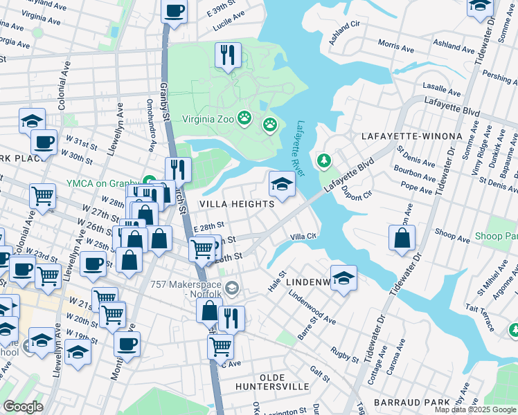 map of restaurants, bars, coffee shops, grocery stores, and more near 912 East 28th Street in Norfolk