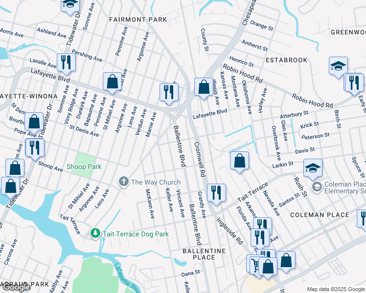 map of restaurants, bars, coffee shops, grocery stores, and more near 2840 Ballentine Boulevard in Norfolk
