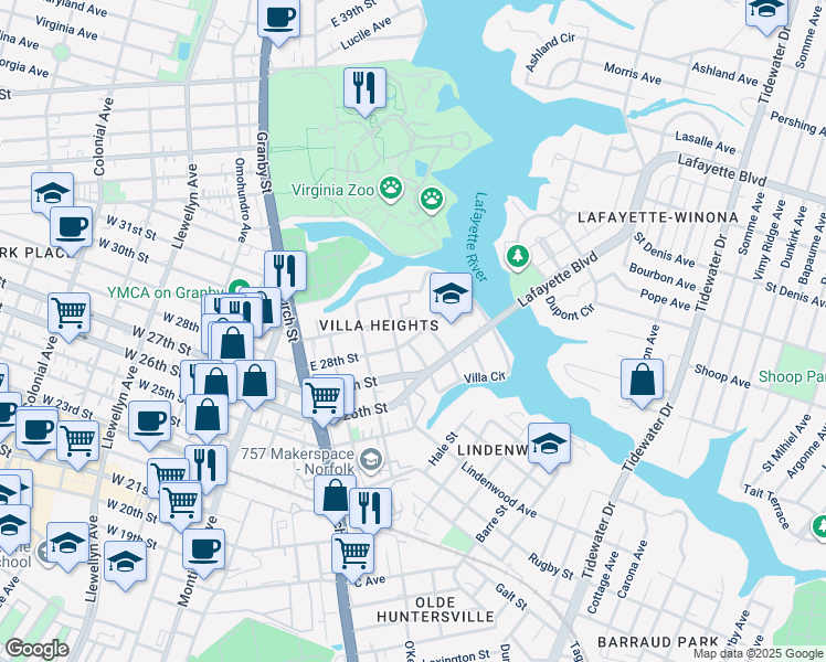 map of restaurants, bars, coffee shops, grocery stores, and more near 912 East 28th Street in Norfolk