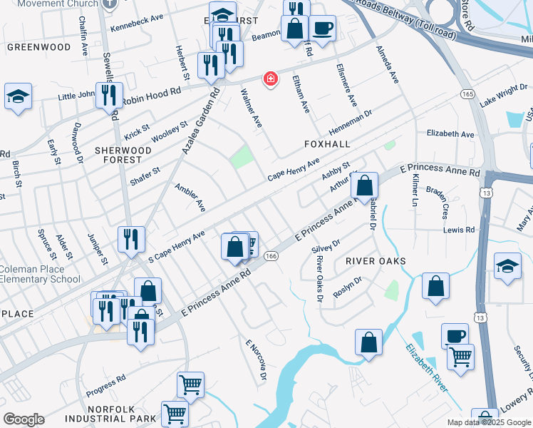 map of restaurants, bars, coffee shops, grocery stores, and more near 1544 Nelms Avenue in Norfolk