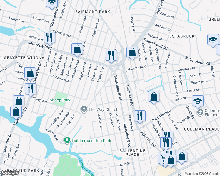 map of restaurants, bars, coffee shops, grocery stores, and more near 2849 Vincent Avenue in Norfolk