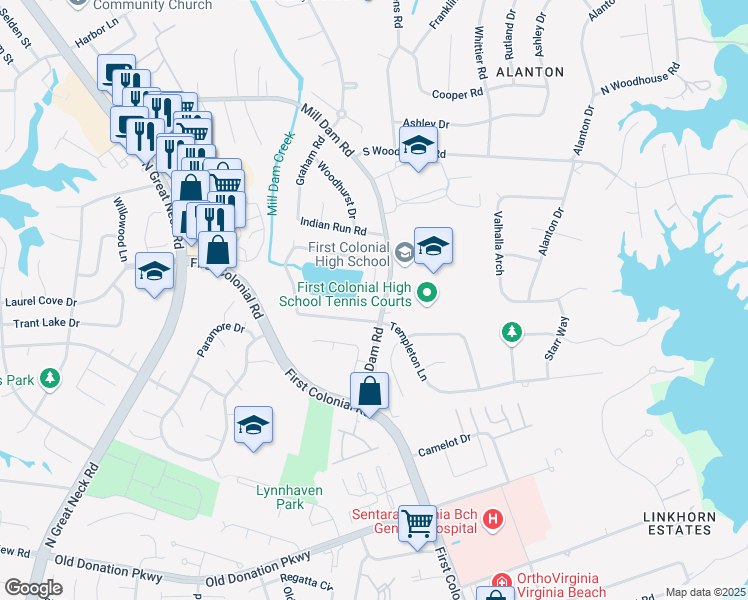 map of restaurants, bars, coffee shops, grocery stores, and more near 1200 Egret Point in Virginia Beach