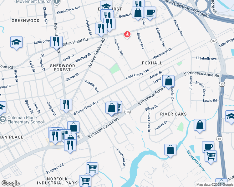 map of restaurants, bars, coffee shops, grocery stores, and more near 5125 South Cape Henry Avenue in Norfolk