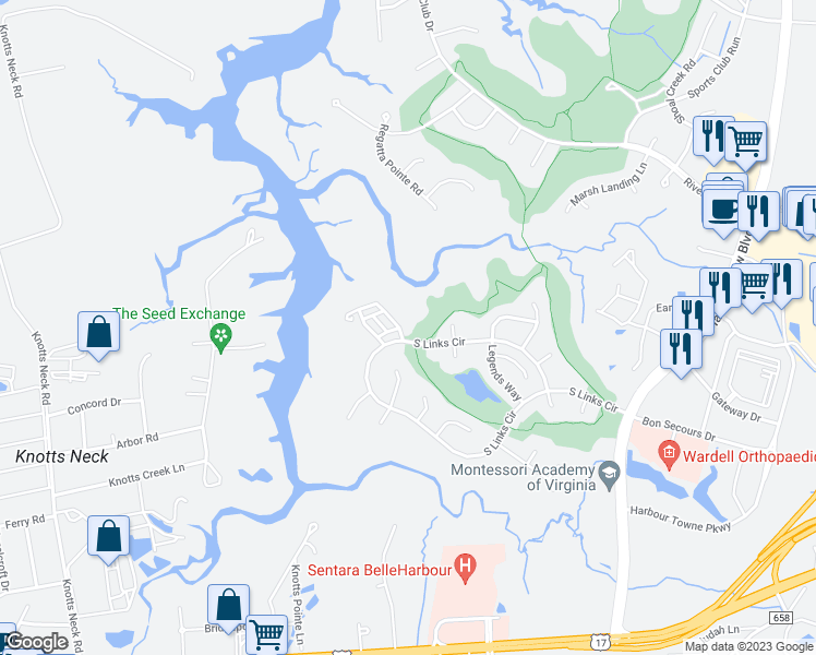 map of restaurants, bars, coffee shops, grocery stores, and more near 2004 Soundings Crescent Court in Suffolk