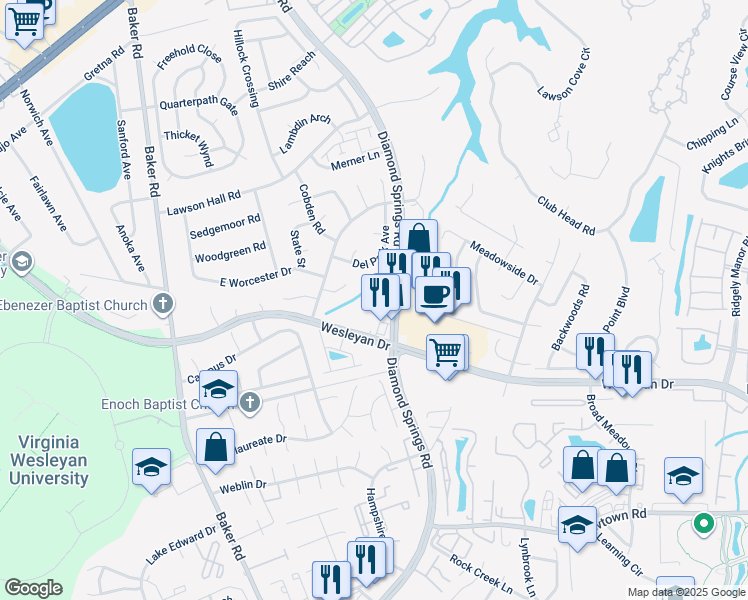 map of restaurants, bars, coffee shops, grocery stores, and more near 937 Diamond Springs Road in Virginia Beach