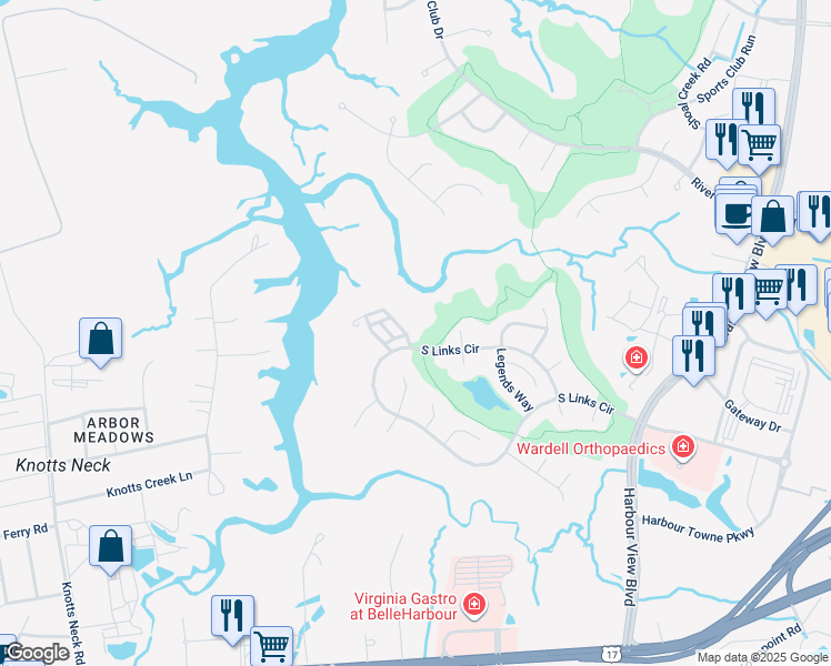 map of restaurants, bars, coffee shops, grocery stores, and more near 2004 Soundings Crescent Court in Suffolk