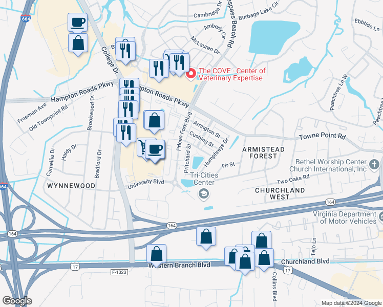 map of restaurants, bars, coffee shops, grocery stores, and more near 4158 Pritchard Street in Suffolk