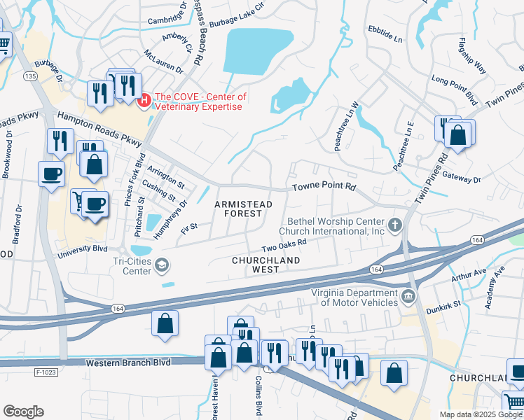 map of restaurants, bars, coffee shops, grocery stores, and more near 3806 Magnolia Drive in Portsmouth