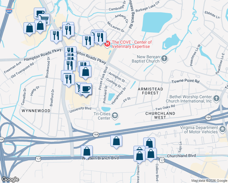 map of restaurants, bars, coffee shops, grocery stores, and more near 5245 Moreland Street in Suffolk